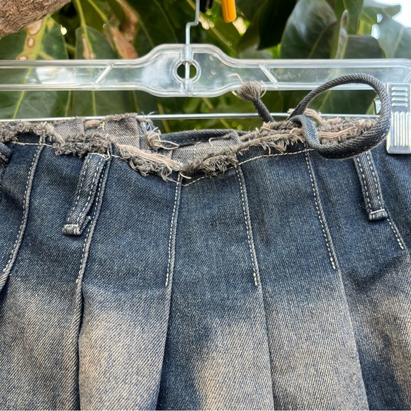 Pleated Denim Mini Skirt Dark Wash Wrap Skirt. - Picture 6 of 12